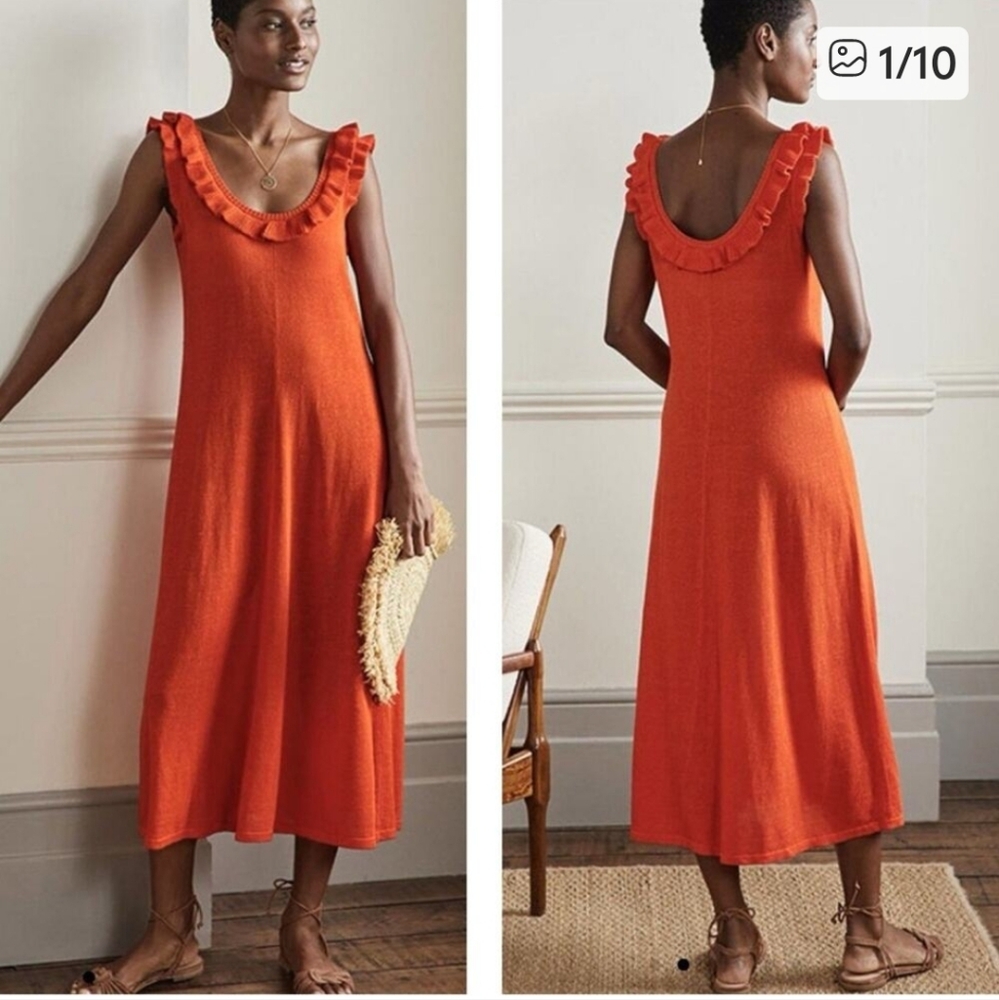 Boden Frill Neck Sleeveless Orange Linen Blend Midi Dress size 8R Women's   52